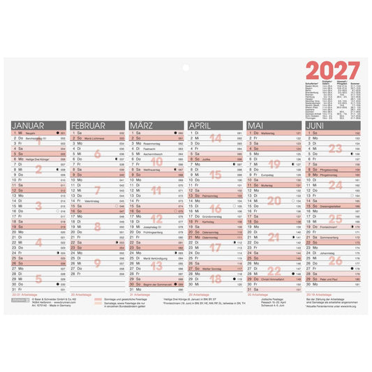 BRUNNEN Tafelkalender A4 quer 2027 1 Seite = 6 Monate