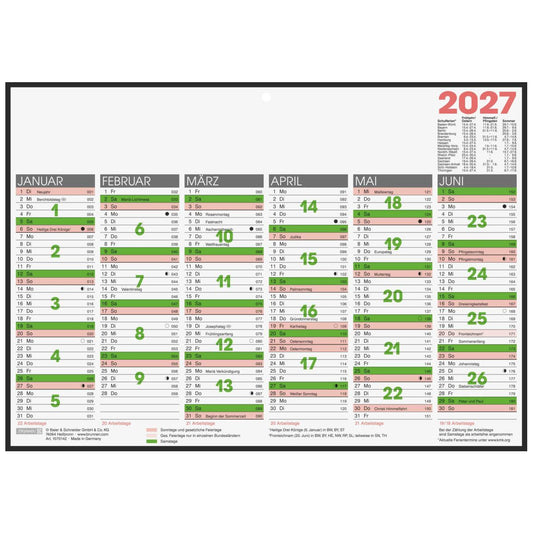 BRUNNEN Tafelkalender A4 2027 1 Seite = 6 Monate Kartonkaschiert -extra stark-