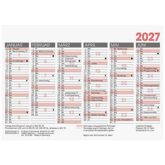 BRUNNEN Tafelkalender A6 quer 2027 1 Seite = 6 Monate