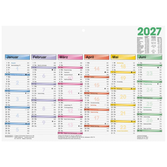 BRUNNEN Tafelkalender A4 2027 1 Seite = 6 Monate DATAline Arbeitstagezählung