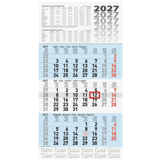 BRUNNEN 3-Monats-Kalender 2027 30x56cm blau
