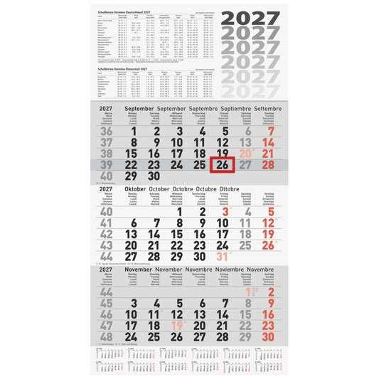 BRUNNEN 3-Monats-Kalender 2027 30x56cm grau