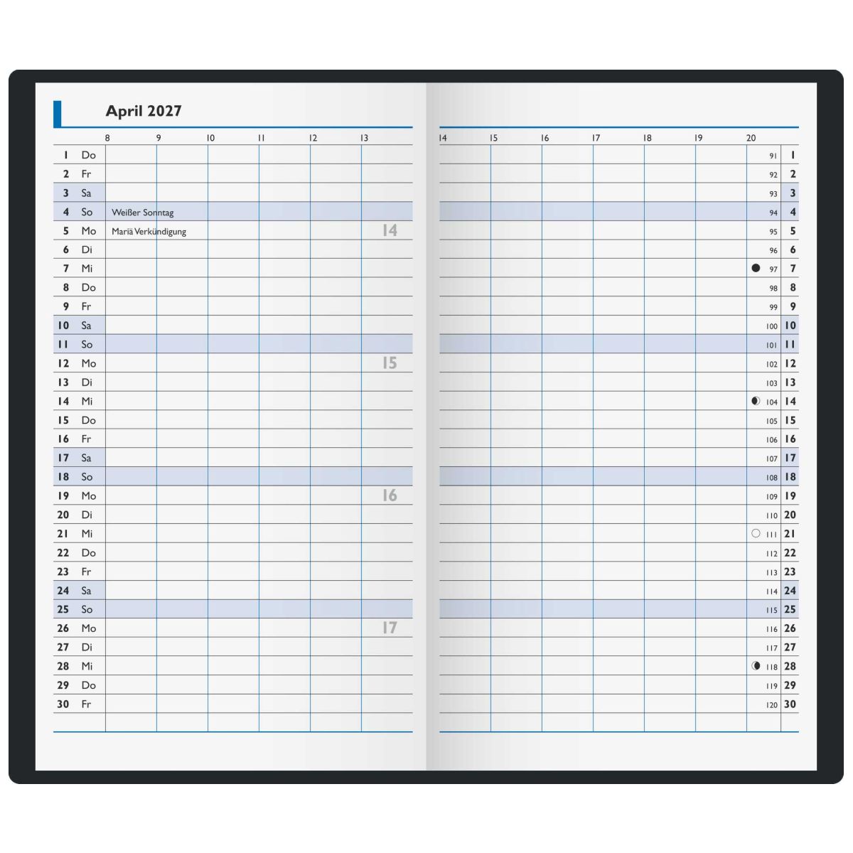 BRUNNEN Taschenkalender Modell 750 2027 9x15cm blau 2 Seiten = 1 Monat