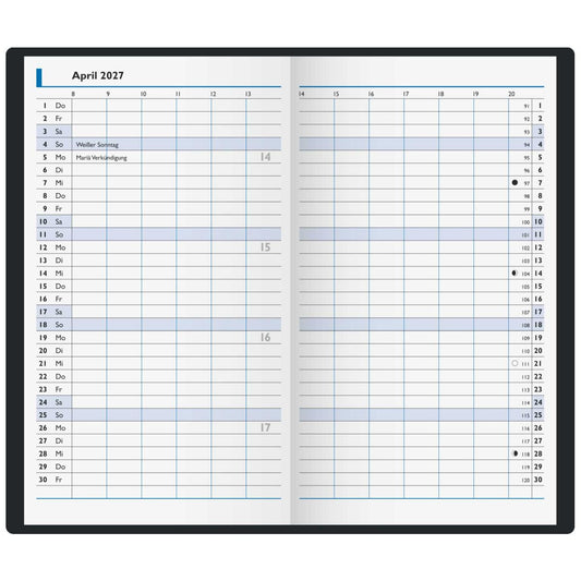 BRUNNEN Taschenkalender Modell 750 2027 9x15cm blau 2 Seiten = 1 Monat