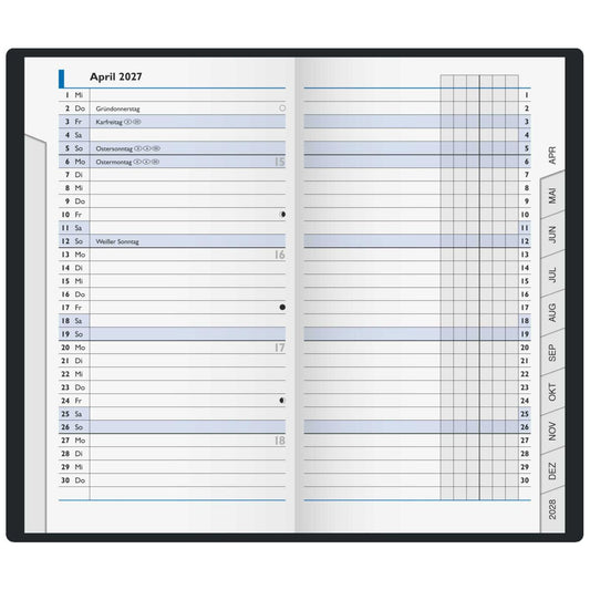 BRUNNEN Taschenkalender Mod. 753 dunkelblau 2027 9 x 15cm 2 Seiten = 1 Monat