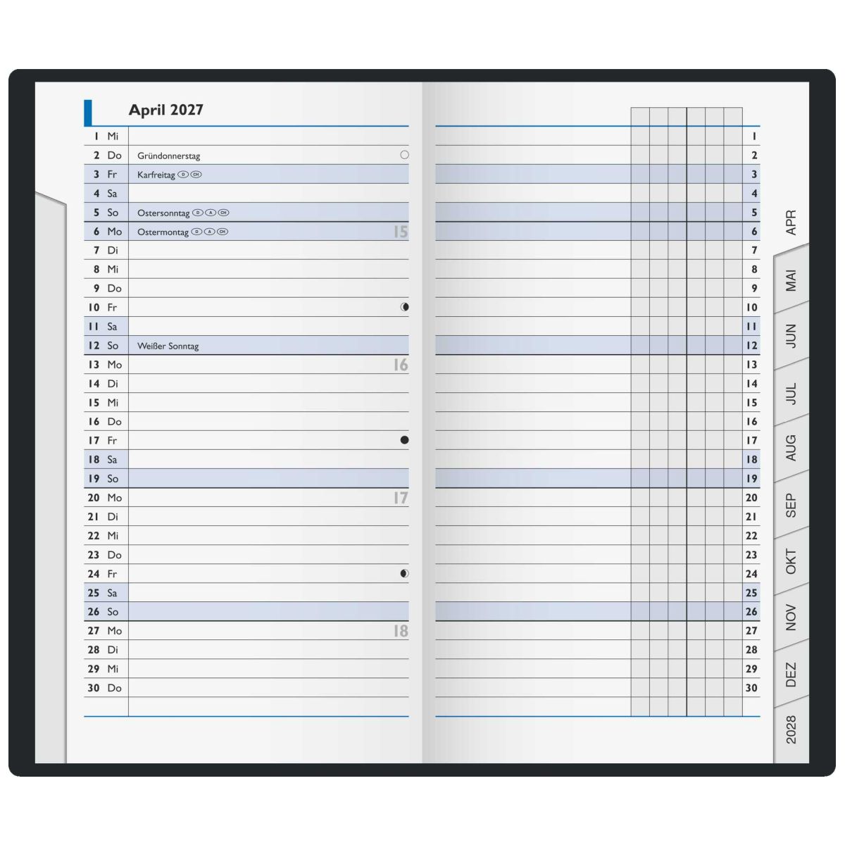 BRUNNEN Taschenkalender Mod. 753 dunkelblau 2027 9 x 15cm 2 Seiten = 1 Monat