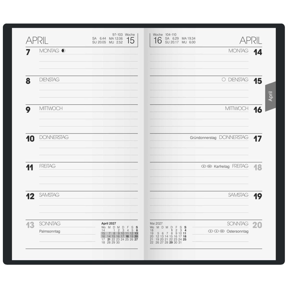 BRUNNEN Taschenkalender Mod. 758 2027 A6 schwarz 1 Seite = 1 Woche