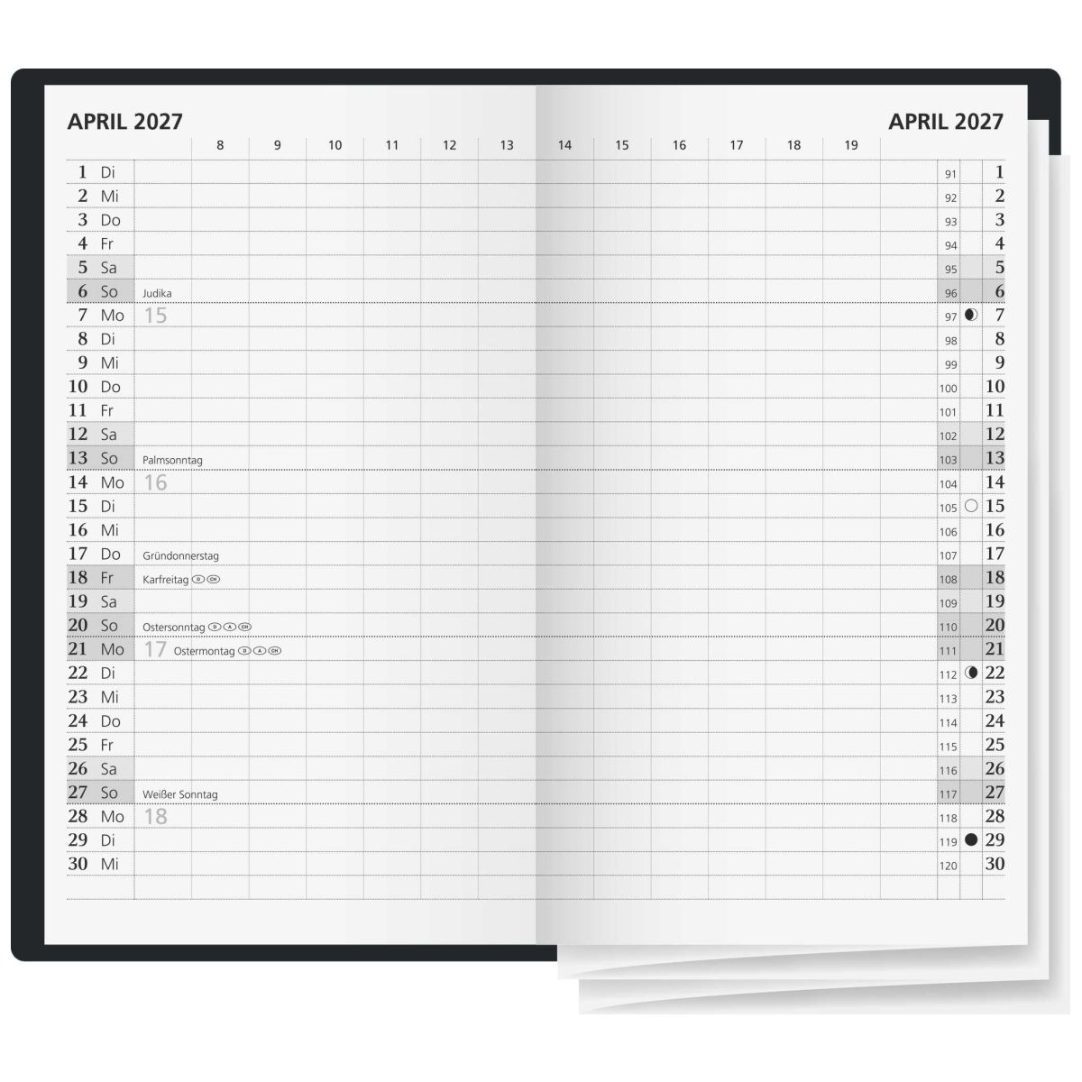 GLOCKEN Faltkalender 2027 9x15cm 2 Seiten = 1 Monat farbig sortiert