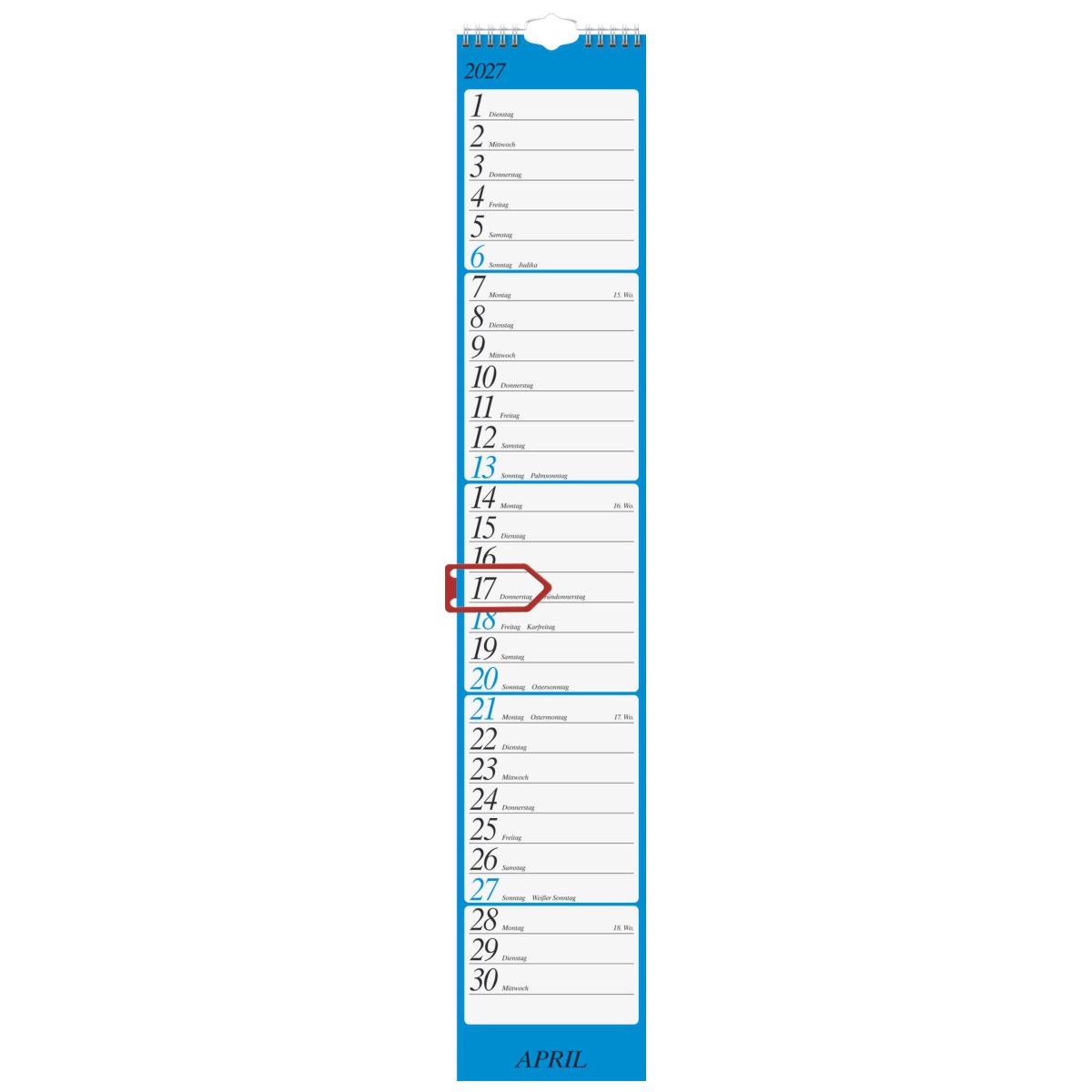 RIDO Streifenkalender 2027 | 120×660 mm farbig 1 Monat = 1 Seite