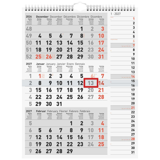 RIDO 3-Monatskalender 2027 Kombi grau, 300×390 mm | 3 Monate = 1 Seite