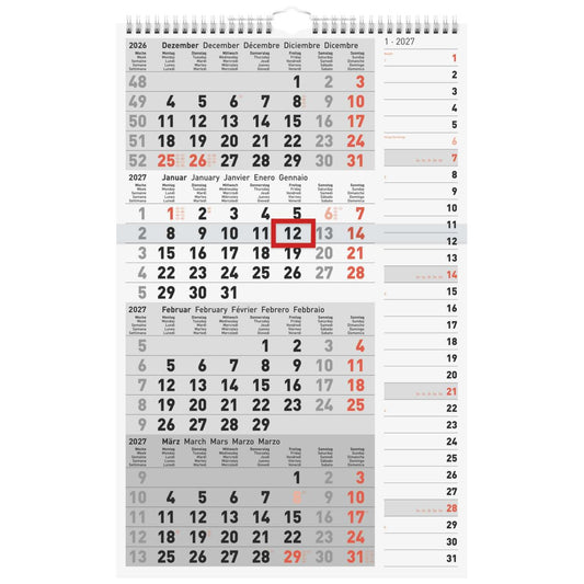 RIDO 4-Monatskalender 2027 grau 300×490 mm | 4 Monate = 1 Seite