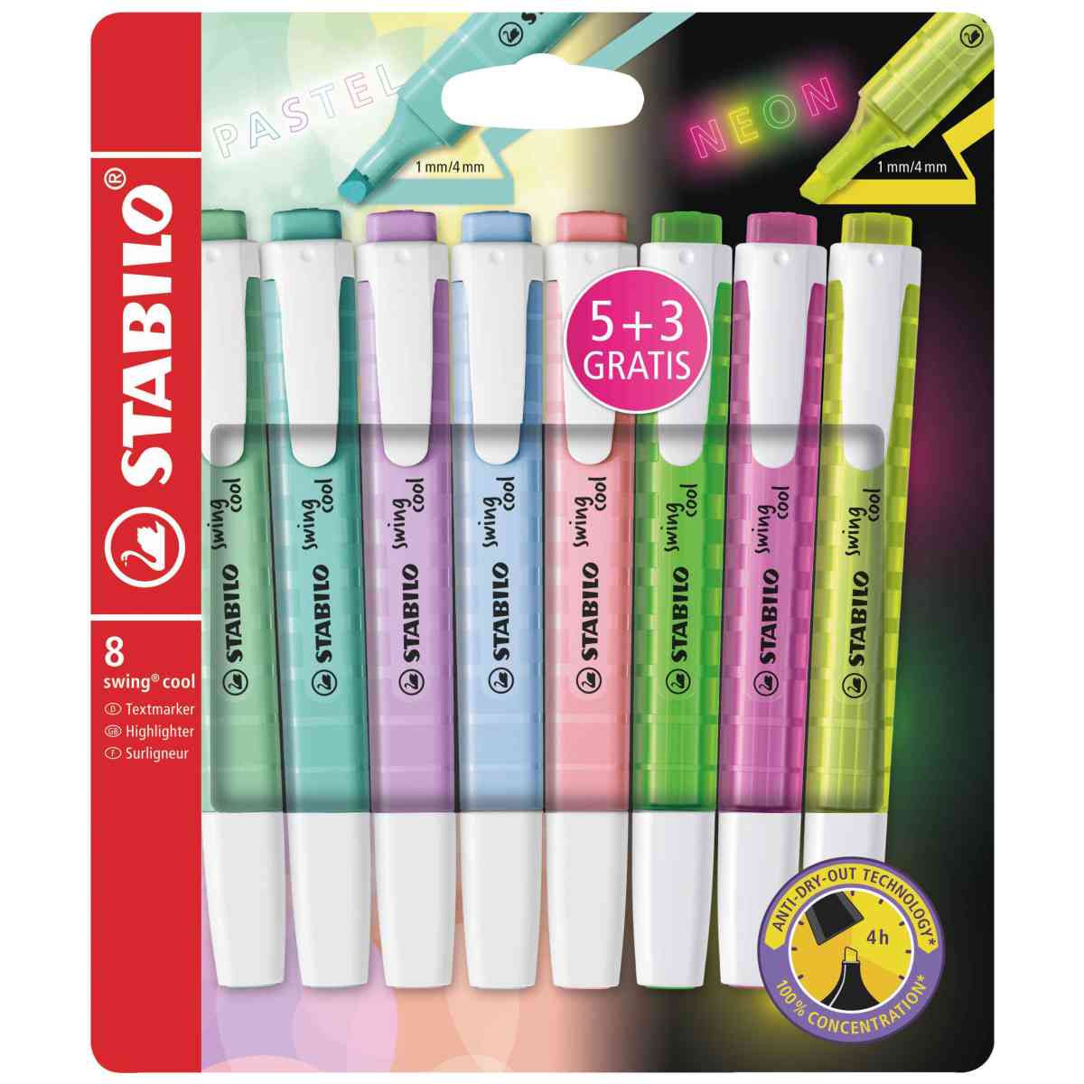 STABILO Textmarker SWING COOL pastell+neon 275 1-4mm 5+3 Farben GRATIS