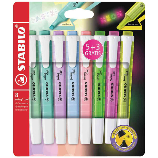 STABILO Textmarker SWING COOL pastell+neon 275 1-4mm 5+3 Farben GRATIS