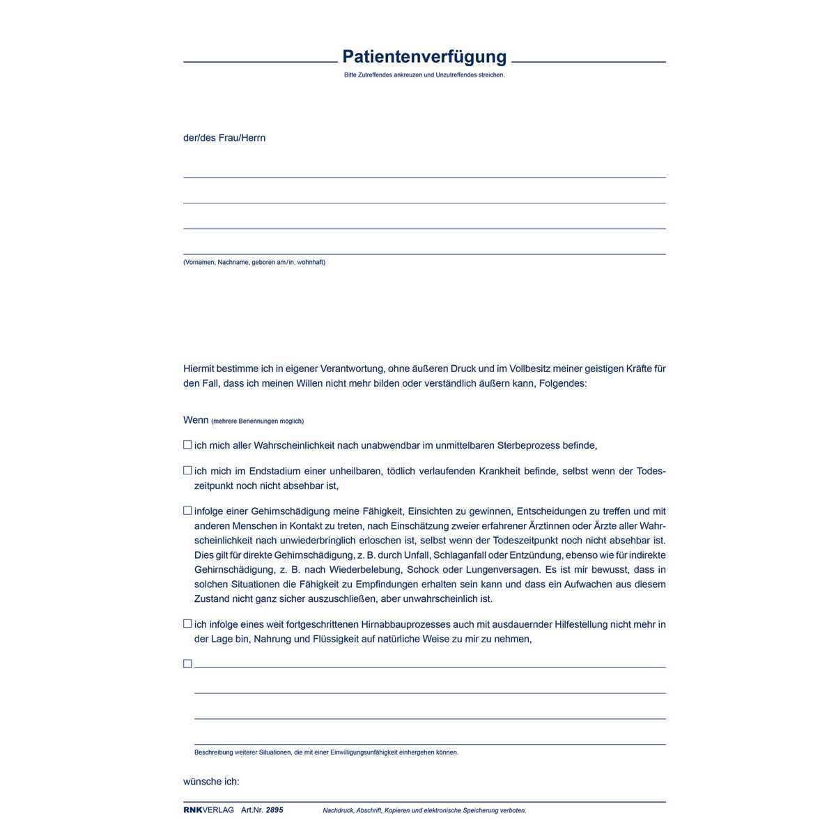 RNK Patientenverfügung 2895 C5 220x162mm mit Betreuungsverfügung + Vorsorgevollmacht