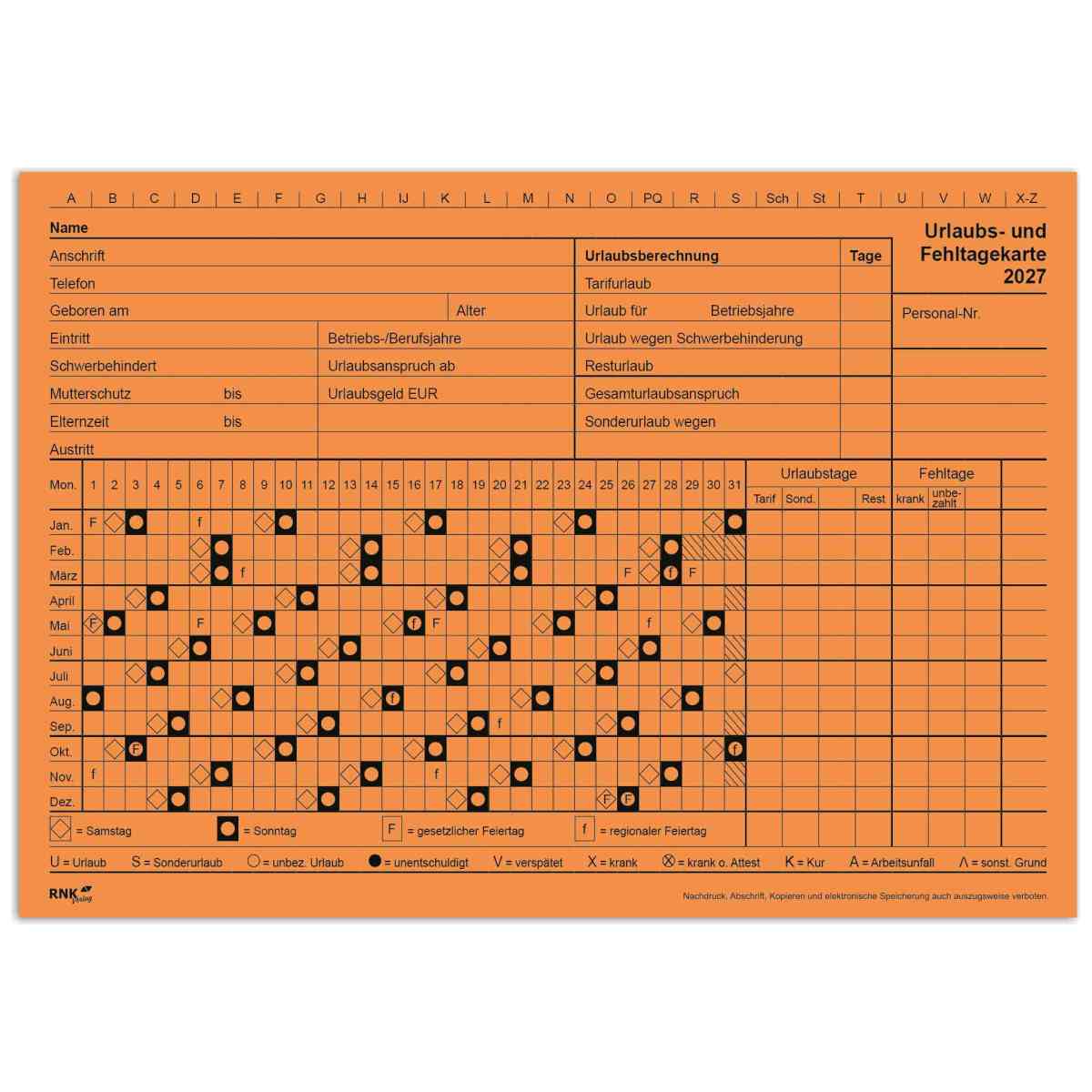 RNK Urlaubskarte / Fehltagekarte 2900 Jahr 2027 orange
