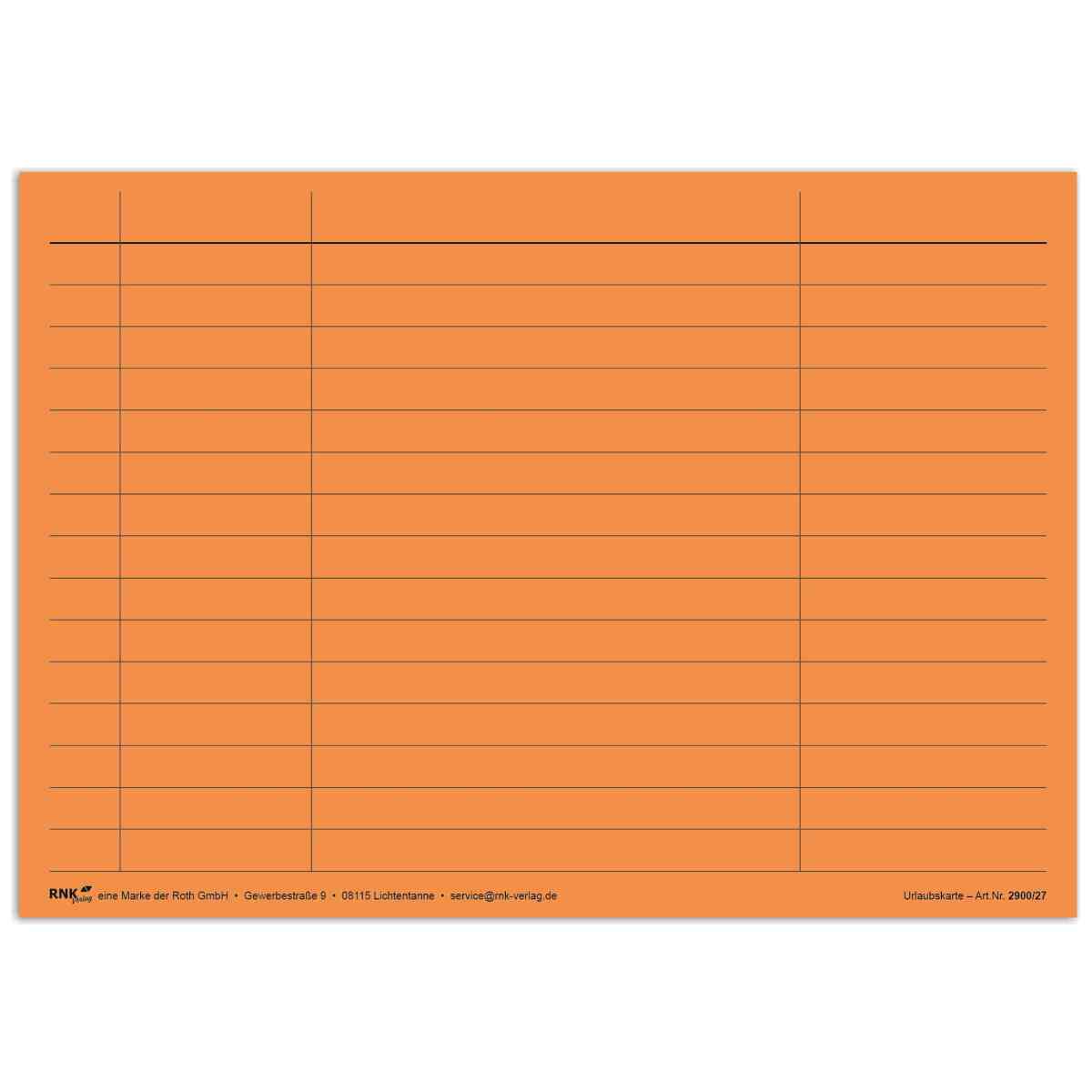 RNK Urlaubskarte / Fehltagekarte 2900 Jahr 2027 orange