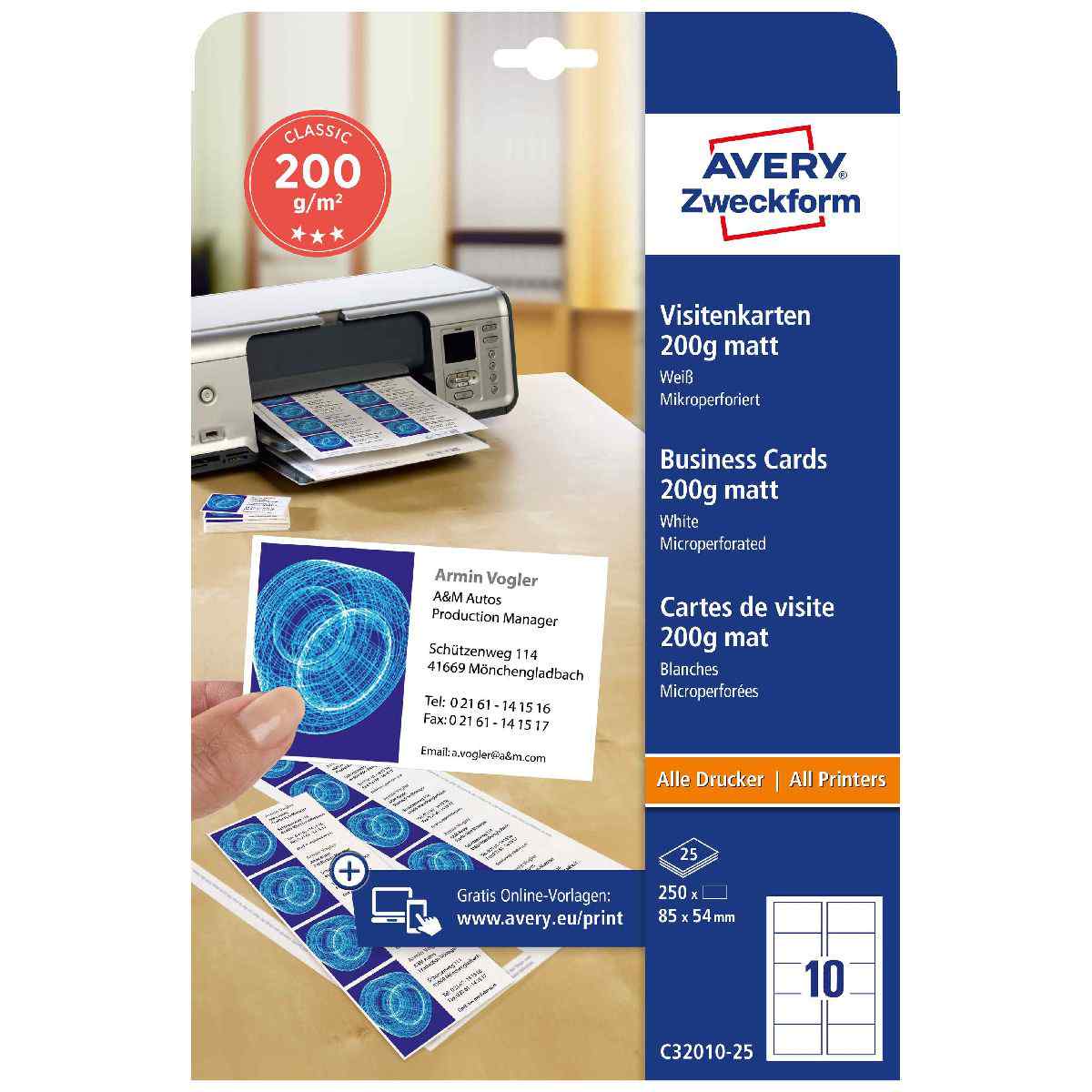 AVERY Visitenkarten C32010-25 85x54mm 185g 250 Stück