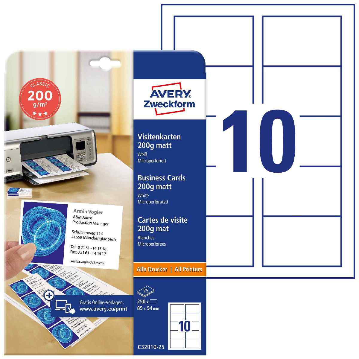 AVERY Visitenkarten C32010-25 85x54mm 185g 250 Stück