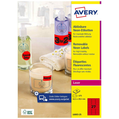 AVERY Etiketten L6003-25 63,5x29,6mm neonrot A4 25 Blatt = 675 Stück