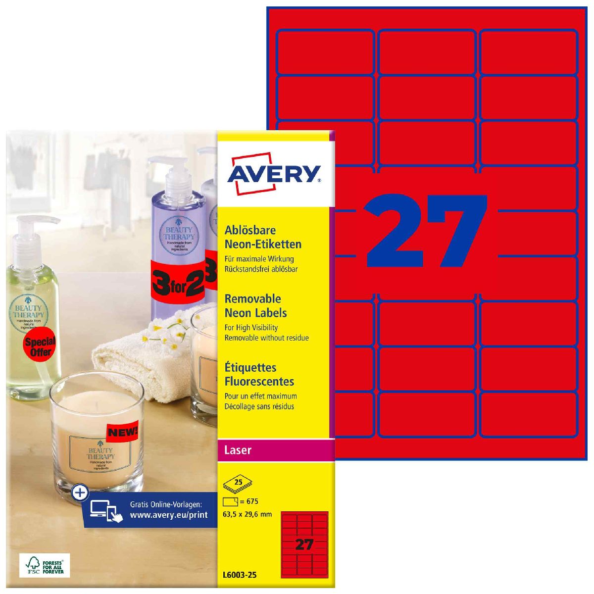 AVERY Etiketten L6003-25 63,5x29,6mm neonrot A4 25 Blatt = 675 Stück