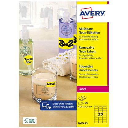 AVERY Etiketten L6003-25 63,5x29,6mm neongelb A4 25 Blatt = 675 Stück