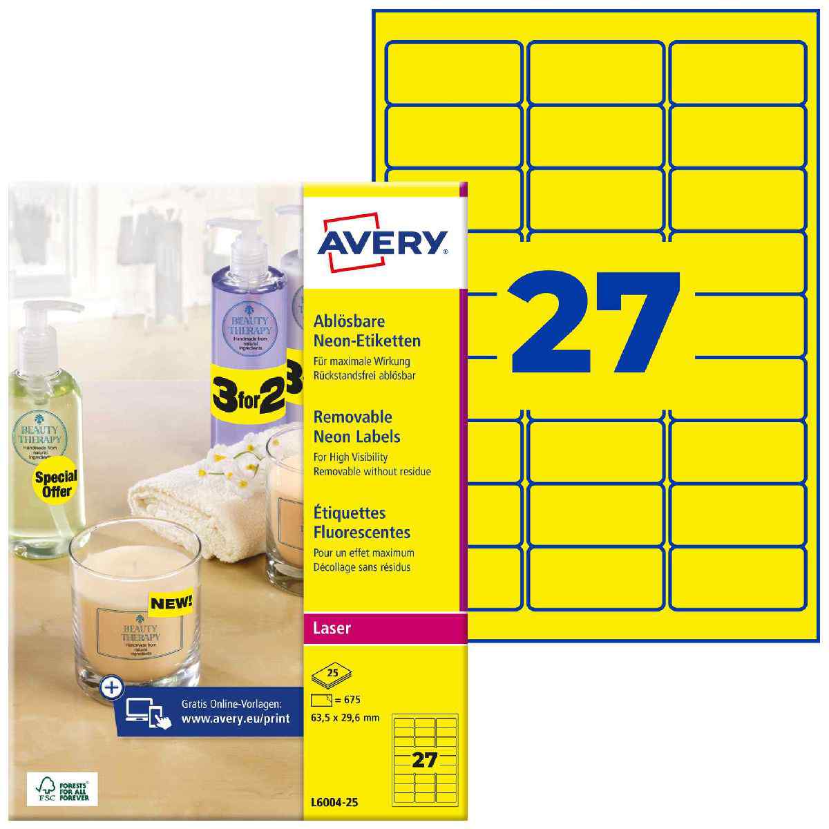 AVERY Etiketten L6003-25 63,5x29,6mm neongelb A4 25 Blatt = 675 Stück