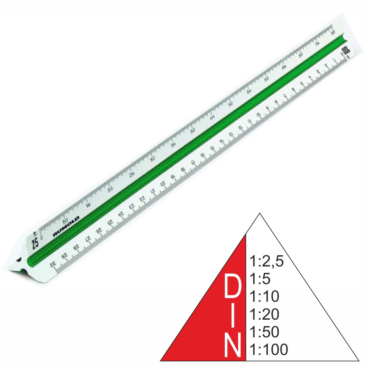 RUMOLD Dreikantmaßstab 150/DIN/30 Kunststoff 30cm weiß Ingenieur DIN 1:2,5 - 1:100