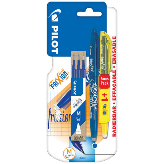 PILOT Tintenroller FriXion Ball blau + 3 Ersatzminen + Textmarker GRATIS