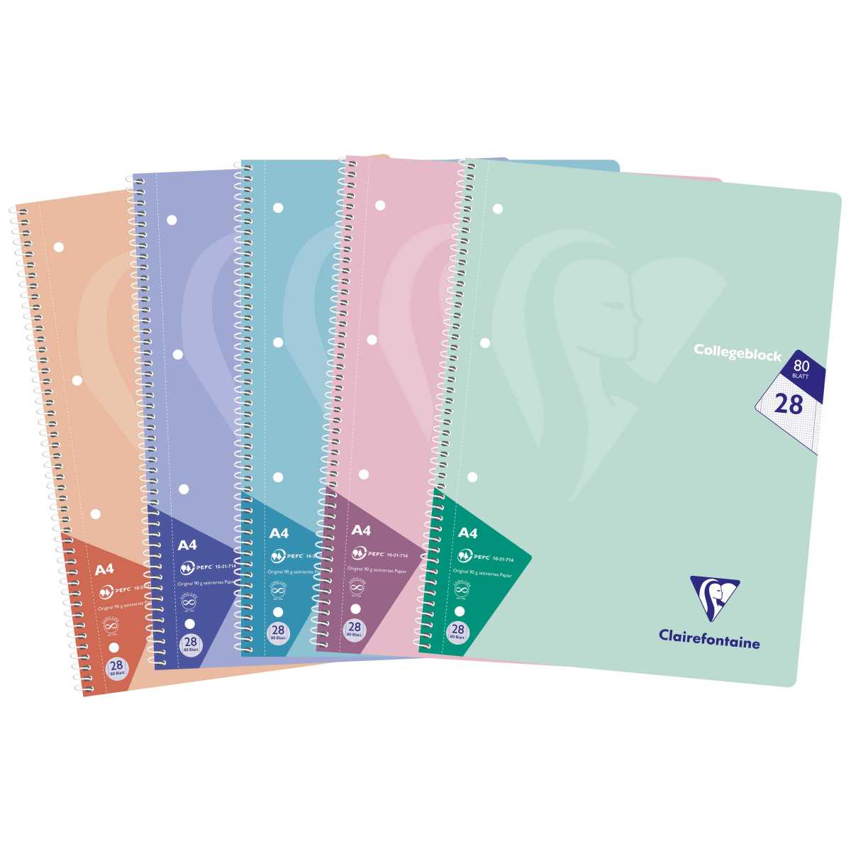 CLAIREFONTAINE Collegeblock PASTELL A4 80 Blatt kariert Doppelrand LIN 28 90g -5 Stück SPARPACK-