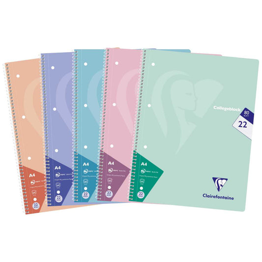 CLAIREFONTAINE Collegeblock PASTELL A4 80 Blatt kariert LIN 22 90g -5 Stück SPARPACK-
