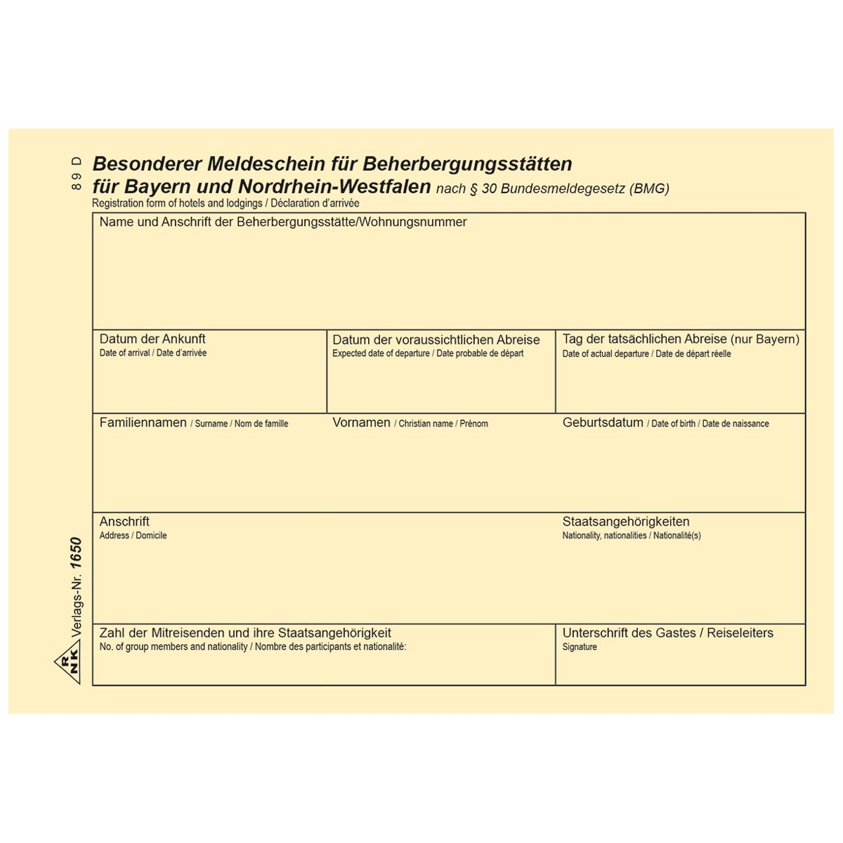 RNK Fremdenmeldeblock Meldeschein Beherbergungsstätten 1650 A6 RNK Fremdenmeldeblock Meldeschein Beherbergungsstätten 1650 A6